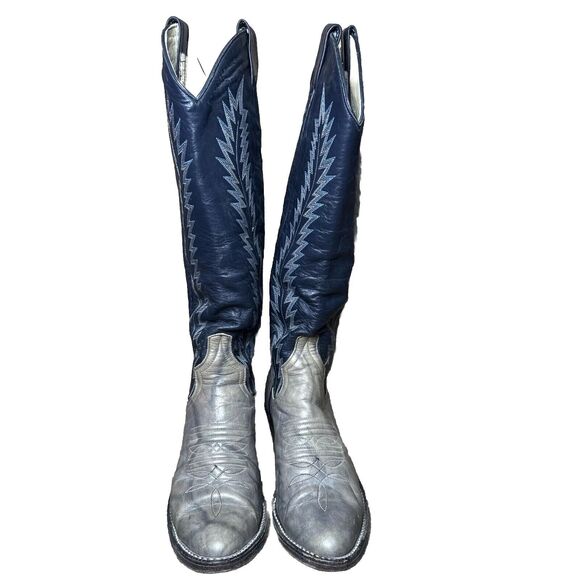 Larry Mahan Womens Knee High Cowboy Boots Size 6 B6N Leather Skin Black Blue - Picture 2 of 9